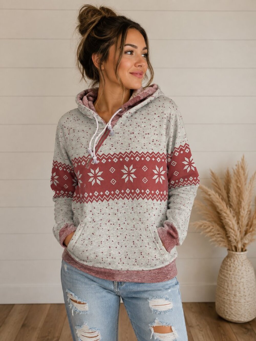 Women’s Gray & Mauve Fair Isle Quarter-Zip Hoodie Size M